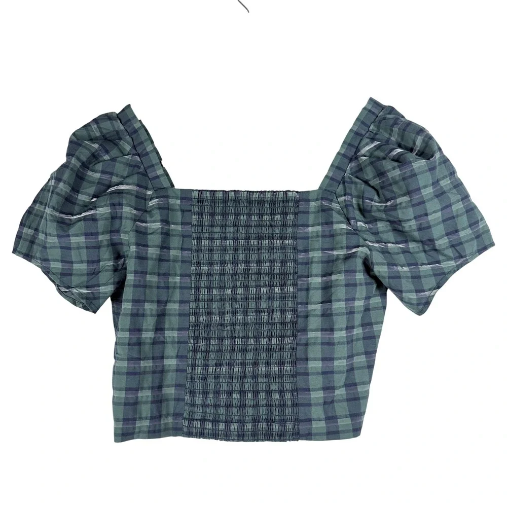 Madewell Plaid Puff Sleeve Top Womens Small Green Smocked Crop Cottagecore Twee
